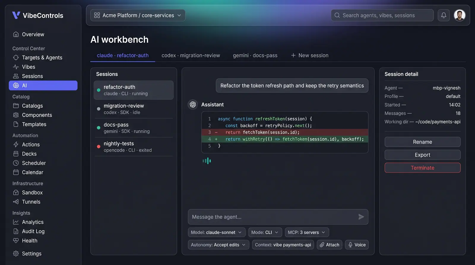 Concept illustration of the VibeControls AI workbench with session tabs, a sessions list, a chat showing a code diff and a session detail panel