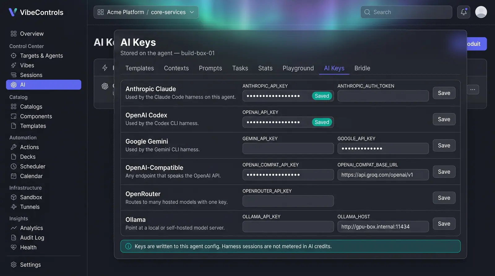 Concept illustration of an AI Keys panel storing keys on an agent for Claude, Codex, Gemini, OpenAI-compatible, OpenRouter and Ollama providers