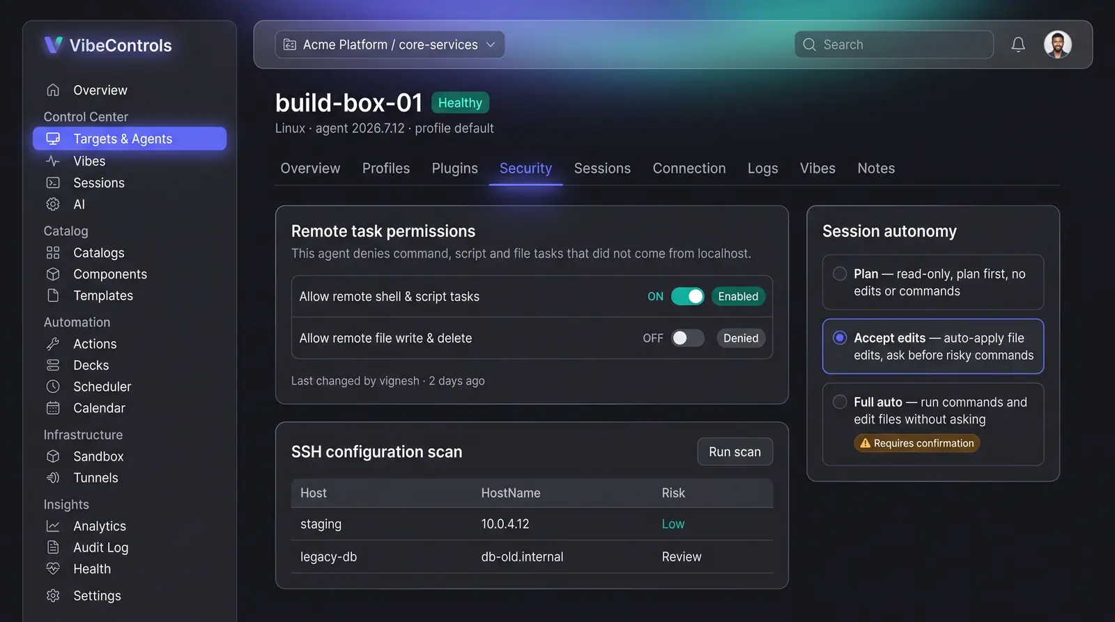 Concept illustration of an agent Security tab with remote task permission toggles, an SSH configuration scan and session autonomy options