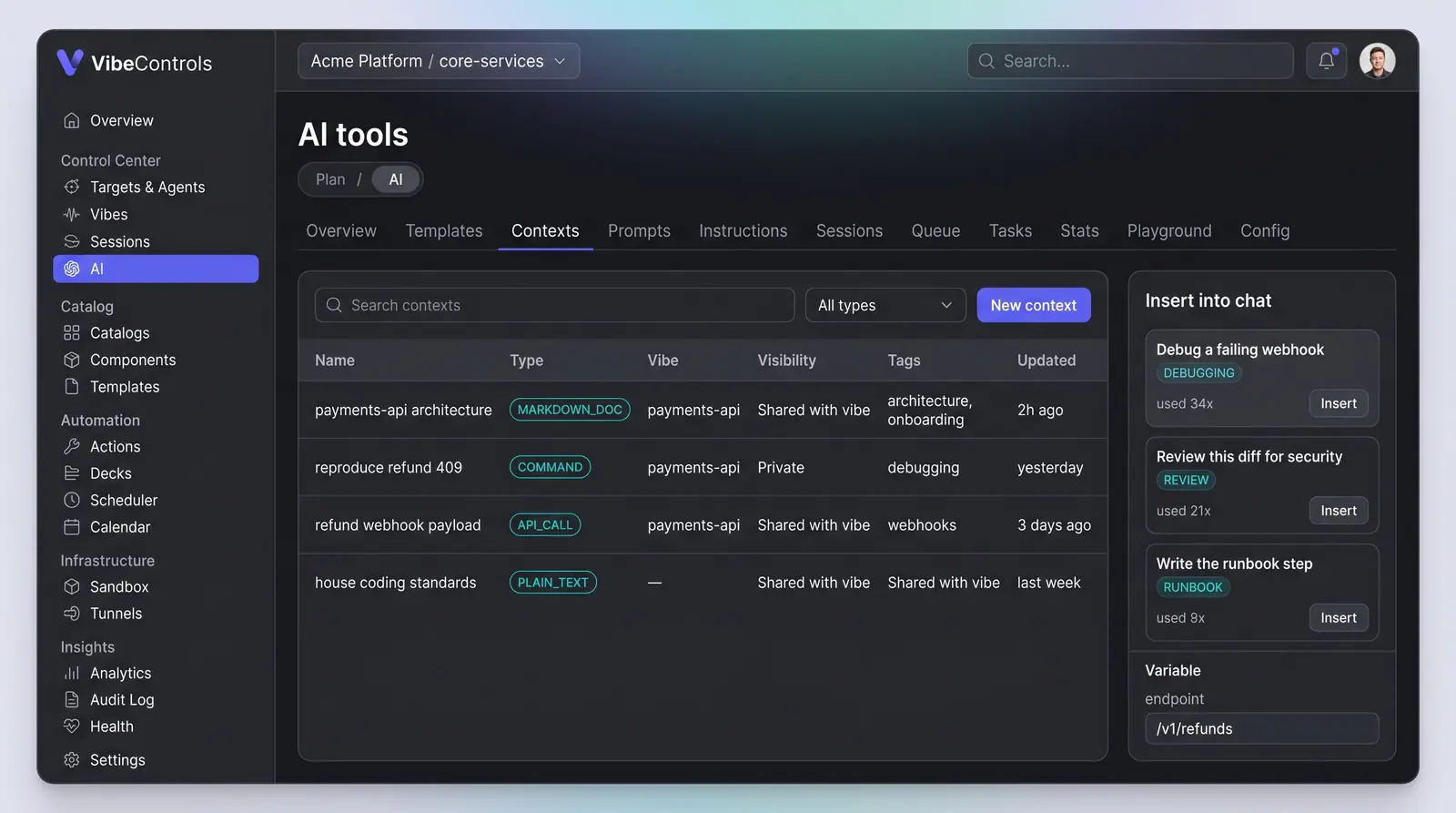 Concept illustration of an AI tools Contexts table with type, vibe, visibility and tags columns beside an Insert into chat rail of prompt cards