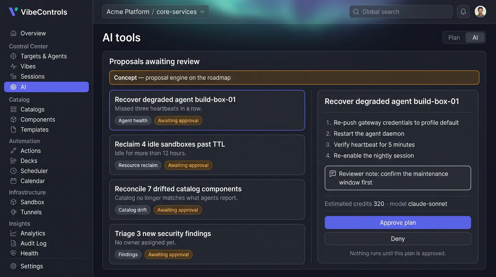 Concept illustration of an AI tools page listing agent proposals awaiting approval, with one proposal's steps and Approve plan and Deny buttons