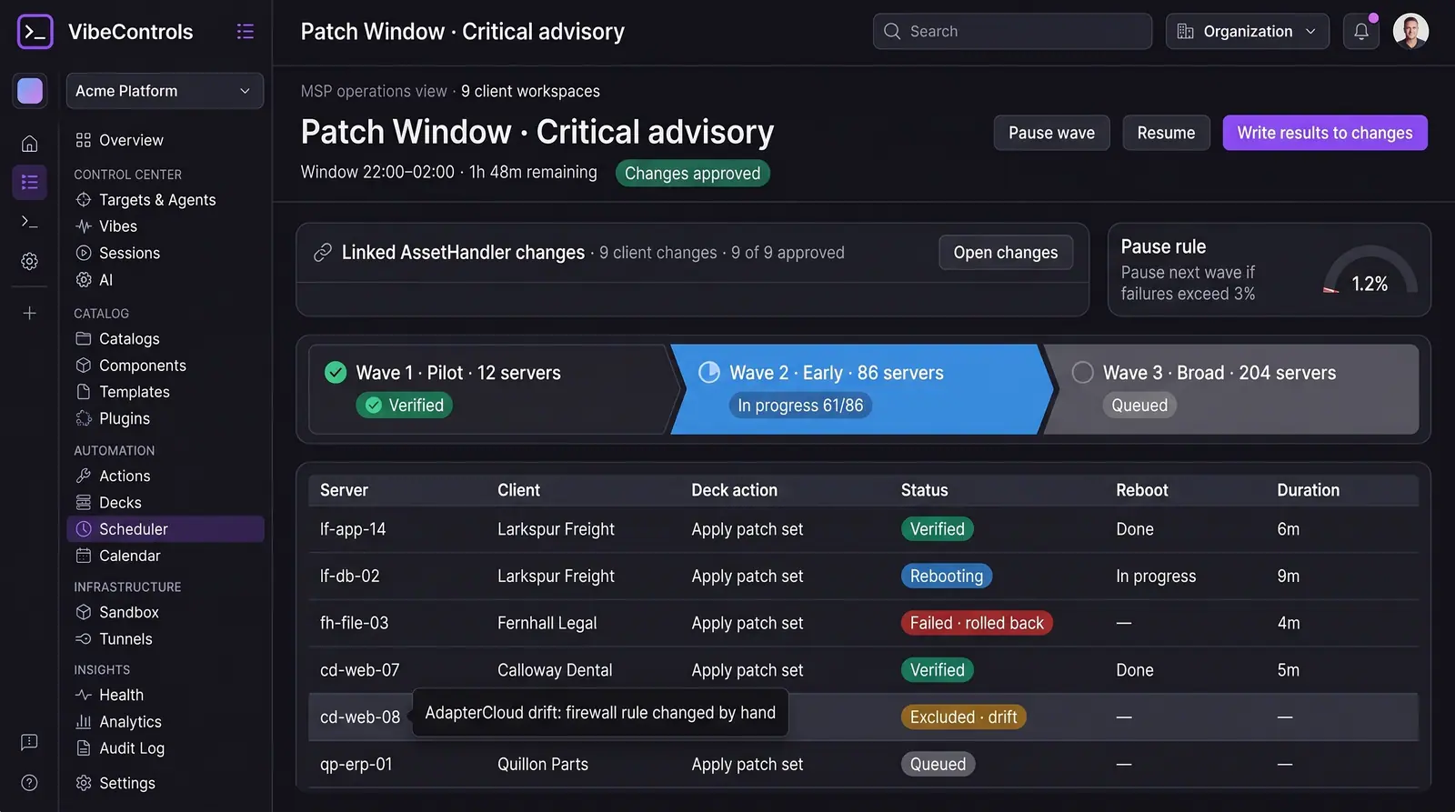 Concept illustration of a VibeControls patch window with three rollout waves, a failure pause rule, linked AssetHandler changes and server status
