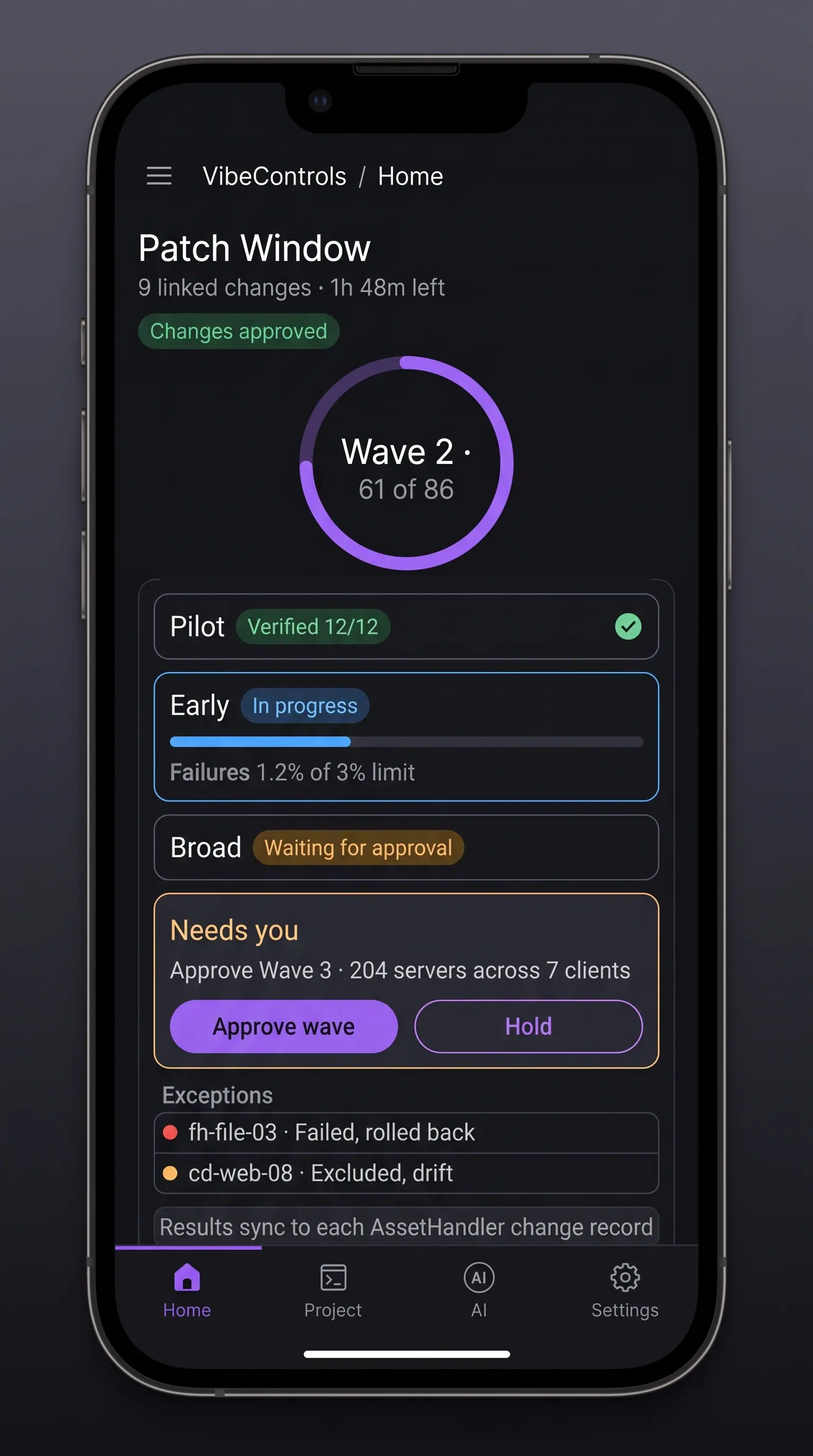 Concept illustration of a VibeControls phone view with a wave progress ring, wave cards, an approve or hold request and a list of exceptions