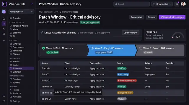 Concept illustration of a VibeControls patch window with three rollout waves, a failure pause rule, linked AssetHandler changes and server status